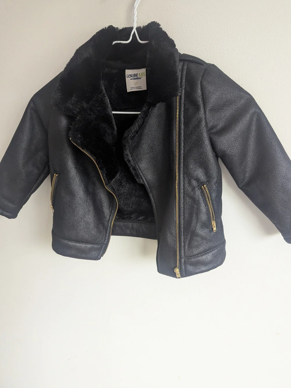 Genuine Kids OshKosh 3T Black Faux Leather Moto Jacket Fleece Lined Toddler